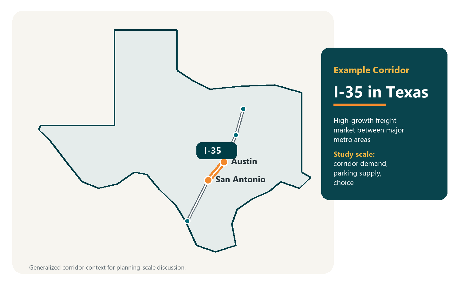 Texas map highlighting the I-35 corridor between Austin and San Antonio