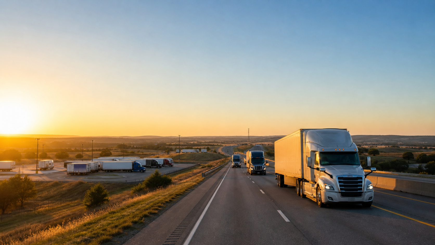 Trucks on an interstate at sunset with a rest area